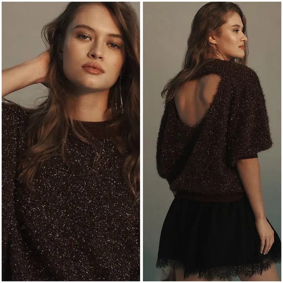 Anthropologie The Violetta Short-Sleeve Tinsel Sweater by Maeve In Brown - Picture 2 of 2